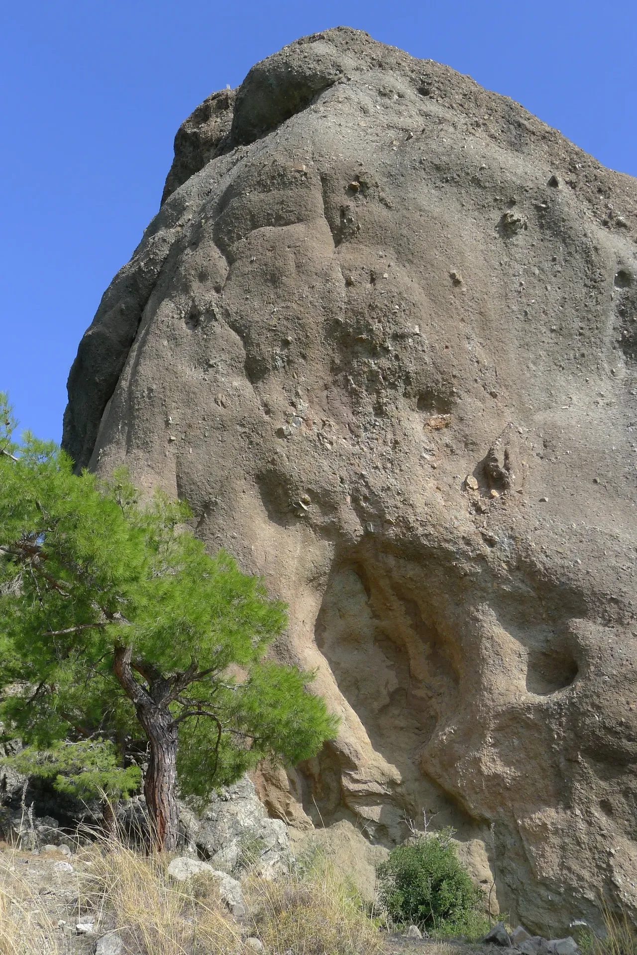 Striking rock tower with trees beneath a blue sky; Erendiz image archive.