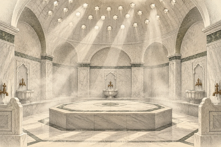 Illustration of a light-filled hamam with a dome and warm marble platform.