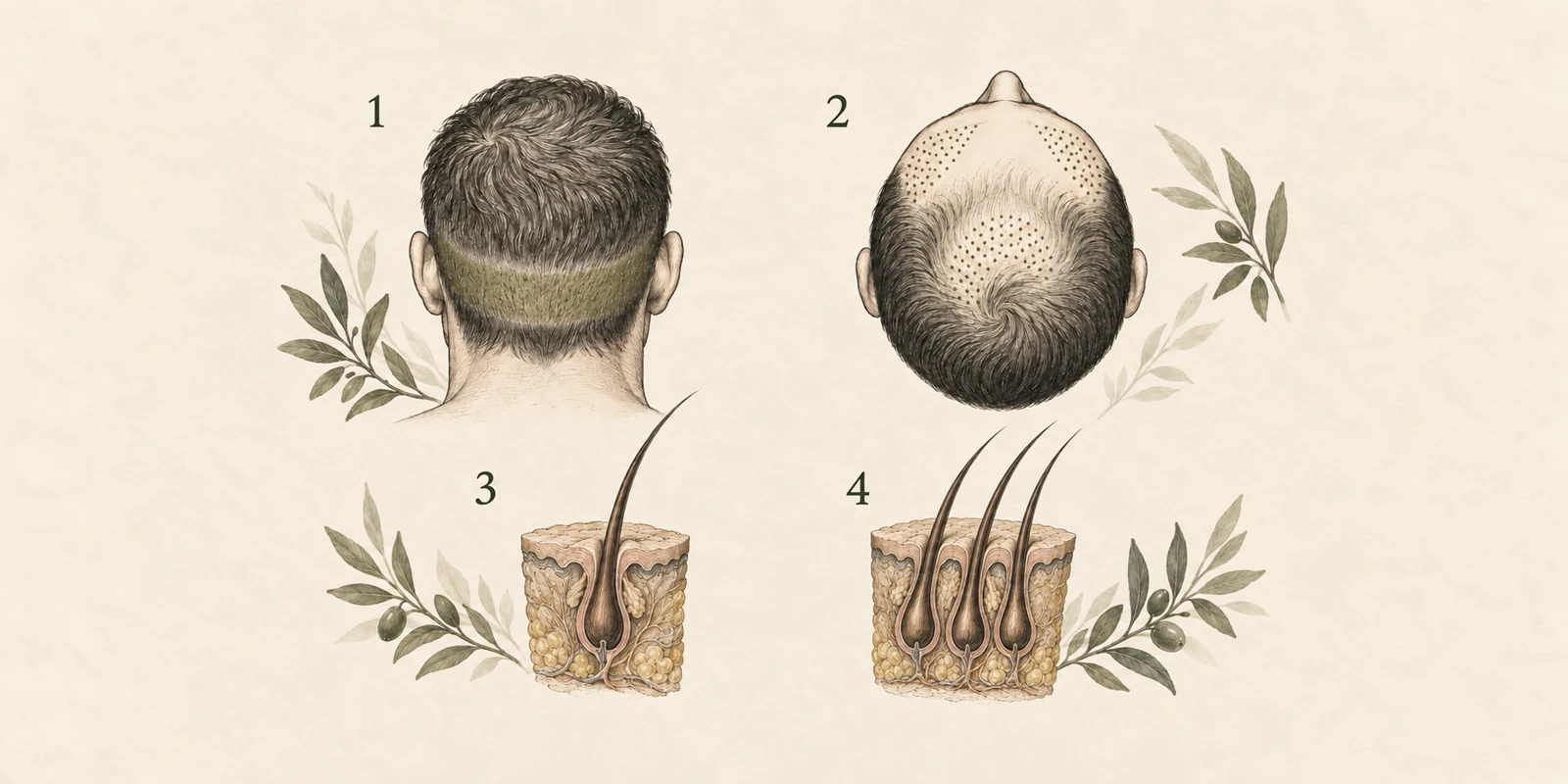 Schematic views of a head showing a marked donor area and example recipient areas; Illustration of two follicular units containing different numbers of hairs