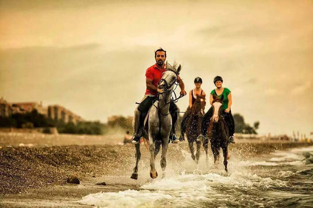 Hilal Ranch riding group at the beach in evening light
